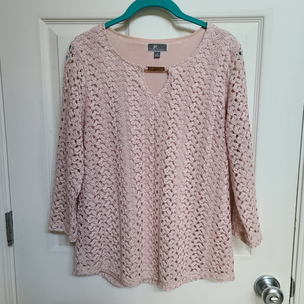 Rose Blush Lace Keyhole Blouse, 3/4 sleeve